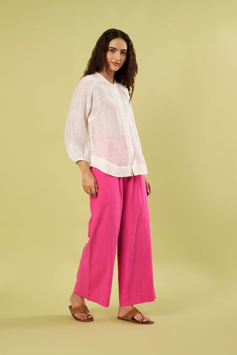 Co-Ord Set with Offwhite Linen Shirt Style Top & Handwoven Khadi Pants in Pink (Set of 2)