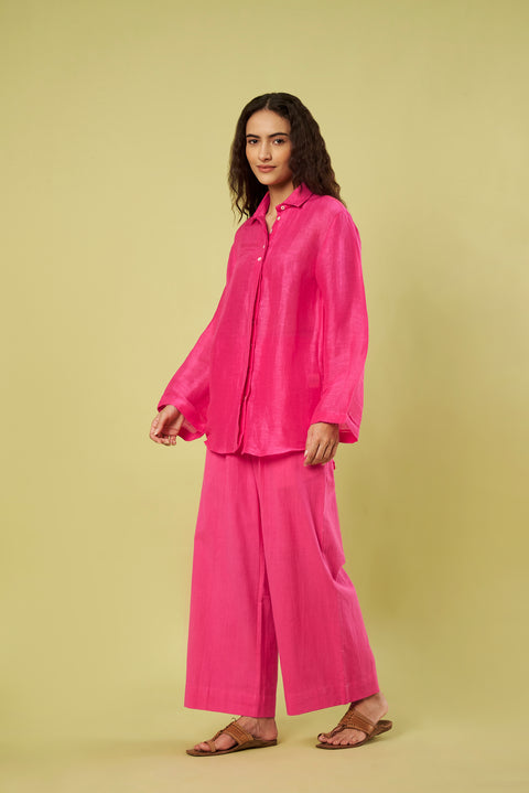 Pink Linen Silk Shirt and Khadi Cotton Pants Co-Ord Set (Set of 2)