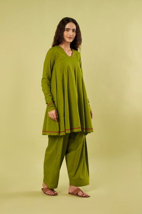 Olive Green A-Line Tunic  with Farshi Salwar (Set of 2)