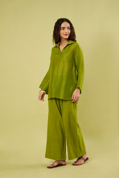 Olive Green Linen Shirt with Bell Sleeves & Khadi Cotton Pants (Set of 2)