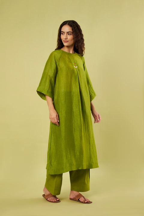 Olive Green Breathable Linen A-Line Kurta with Front Back Pleats & Green Salwar (Set of 2)
