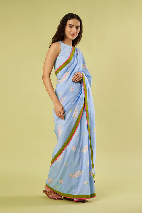 Light Blue Printed Chanderi Saree with Contrast Lace Details paired with Khadi Blouse (Set of 2)