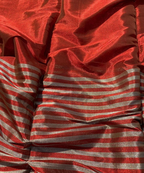 Half & Half Zari Fabric in Silver & Red (Handloom)