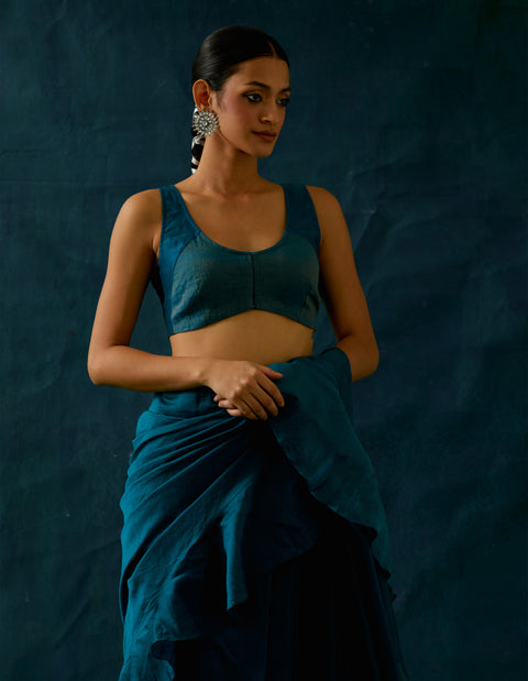Shop Teal Blue Choli Cut Blouse in Chanderi Handloom | Vinusto