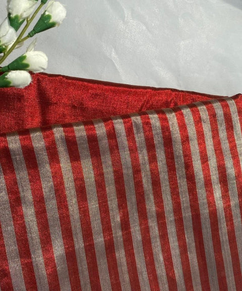 Half & Half Zari Fabric in Silver & Red (Handloom)
