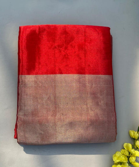 Handwoven Zari Fabric in Red & Silver (Handloom)