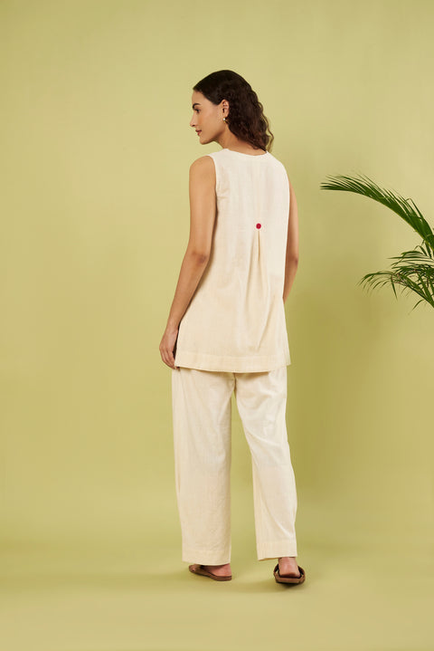 Ivory Khadi Cotton Co-Ord Set with Patch Embroidery & Pants ( Set of 2)