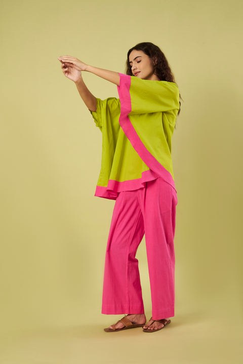 Lime Green Asymmetric Tunic Co-Ord Set with Lace Detail & Handwoven Khadi Pants (Set of 2)