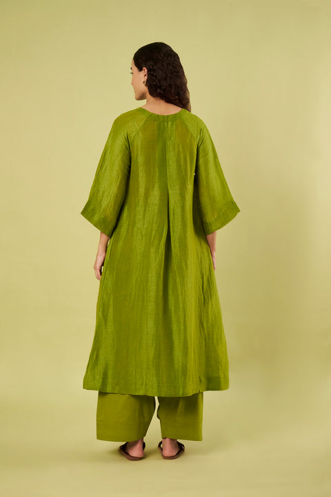 Olive Green Breathable Linen A-Line Kurta with Front Back Pleats & Green Salwar (Set of 2)