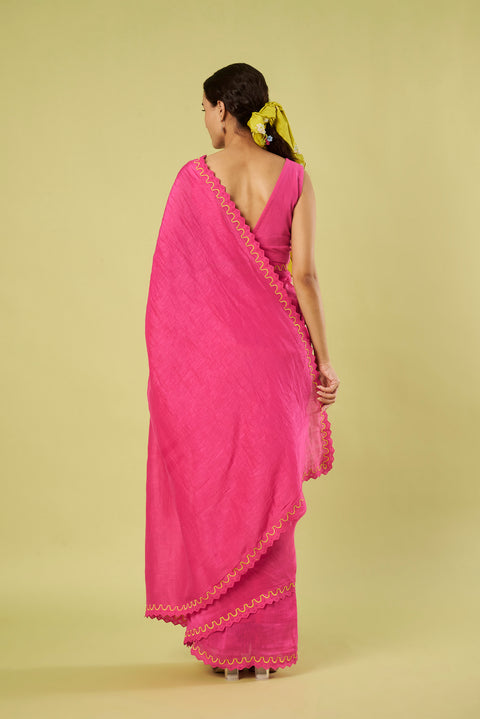 Pink Linen Saree with Embroidered Patch Lace, Scalloped Border & Khadi Cotton Blouse (Set of 2)