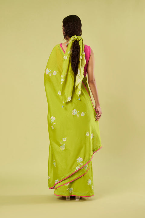 Lime Chanderi Printed Saree with Crochet Floral Tassels and Pink Stylize Blouse in Cotton Khadi (Set of 2)