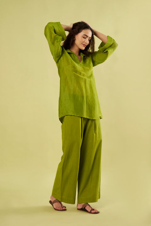 Olive Green Linen Shirt with Bell Sleeves & Khadi Cotton Pants (Set of 2)