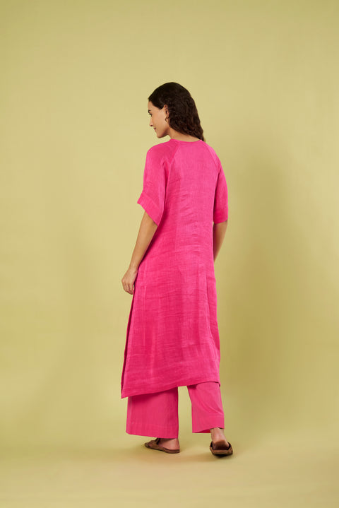 Elegant Pink Linen Silk Kurta with Handwoven Khadi Cotton Pants (Set of 2)