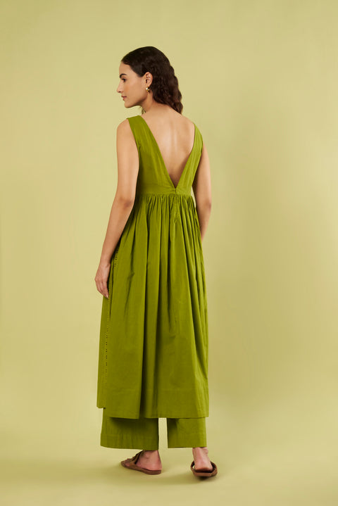 Contemporary Olive Green Co-Ord Set with High Slit Kurta & Cotton Pants (Set of 2)