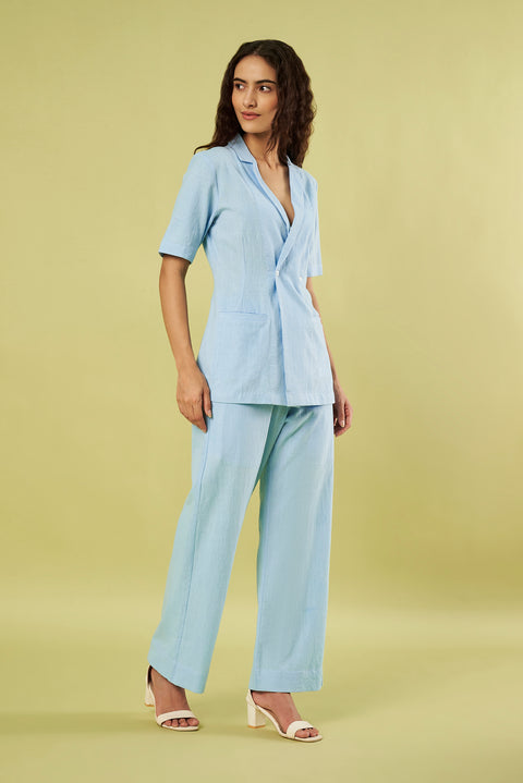 Co-ord set with Light Blue Khadi Jacket Style Shirt and Pants (Set of 2)