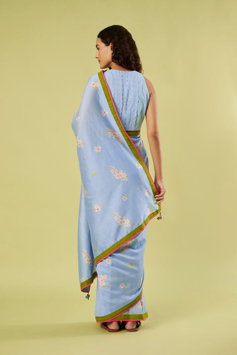 Light Blue Printed Chanderi Saree with Contrast Lace Details paired with Khadi Blouse (Set of 2)
