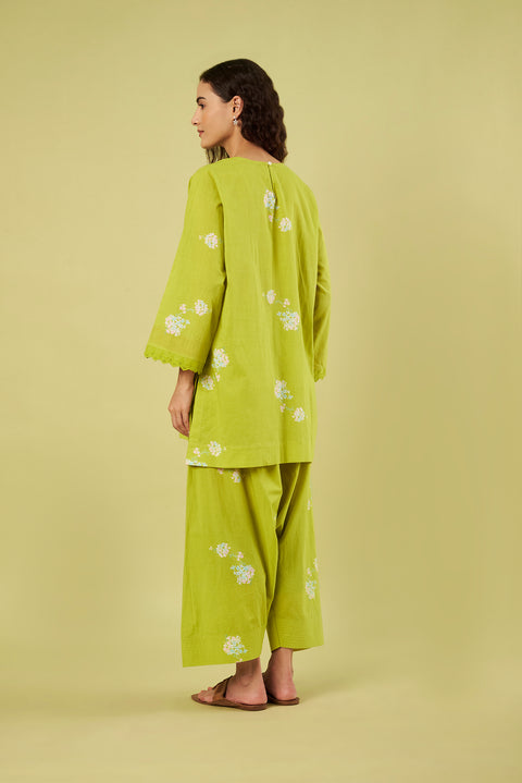 Printed Cotton Short Kurti with Lace Details,  Farshi Salwar with Pink Chiffon Dupatta(Set of 3)