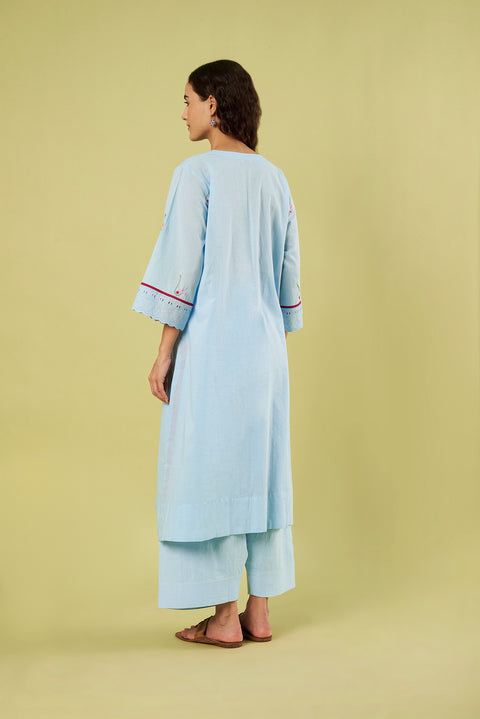 Relaxed Fit Cotton Kurta with Embroidered Bootis, Chiffon Dupatta & Cotton Pants (Set of 3)