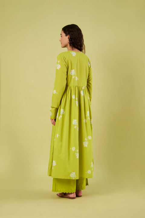 Lime Printed Kurta Set with Smocked Bodice & Airy Chiffon Dupatta (Set of 3)