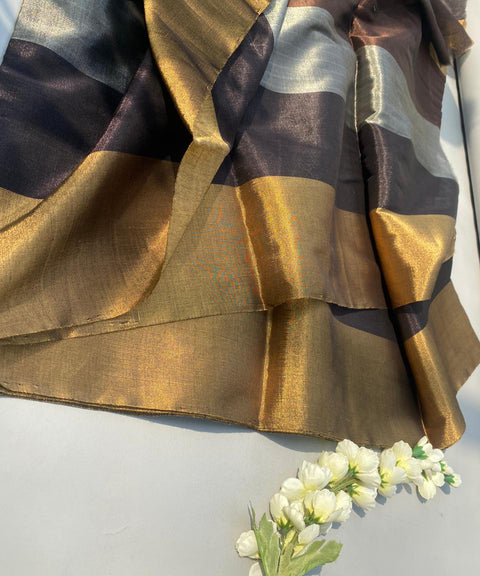 Handwoven Zari Stripe Fabric in Silver, Gold & Coffee Stripes (Handloom)