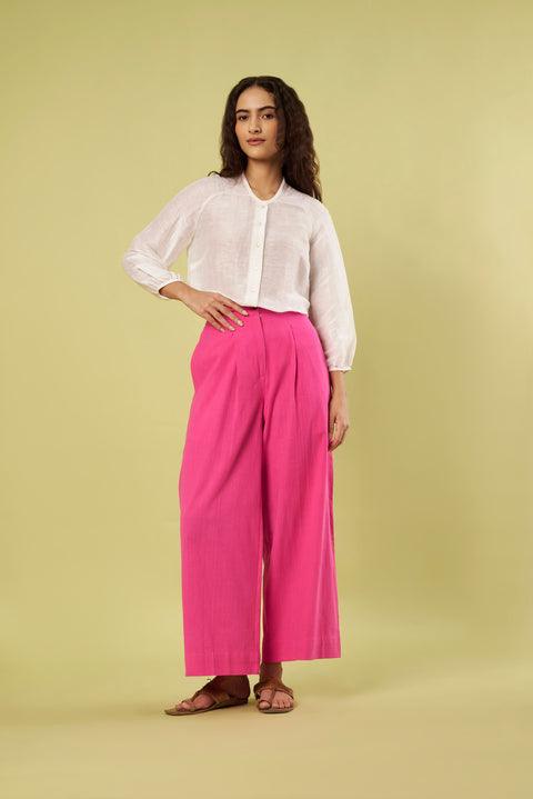 Co-Ord Set with Offwhite Linen Shirt Style Top & Handwoven Khadi Pants in Pink (Set of 2)
