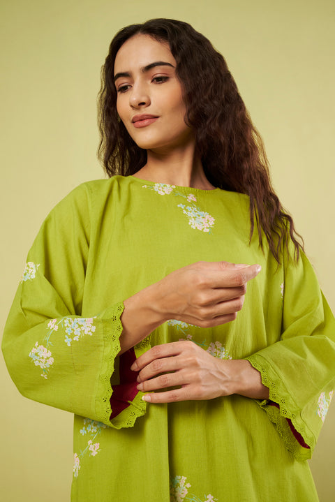 Printed Cotton Short Kurti with Lace Details,  Farshi Salwar with Pink Chiffon Dupatta(Set of 3)