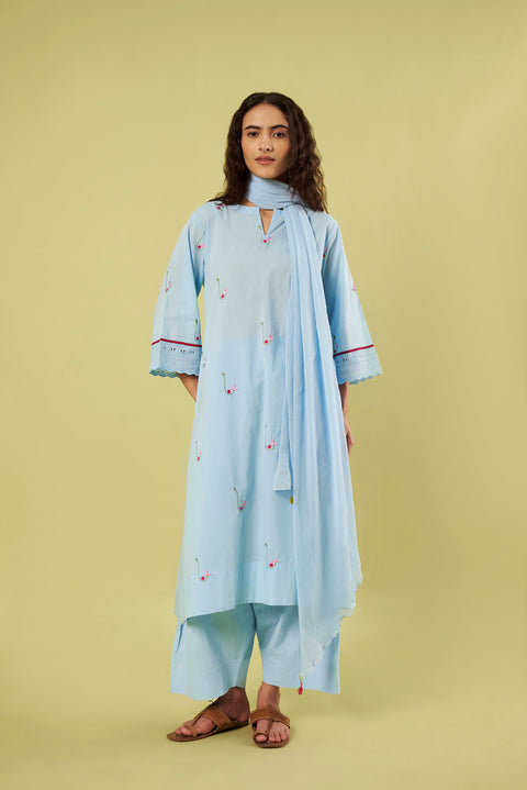 Relaxed Fit Cotton Kurta with Embroidered Bootis, Chiffon Dupatta & Cotton Pants (Set of 3)
