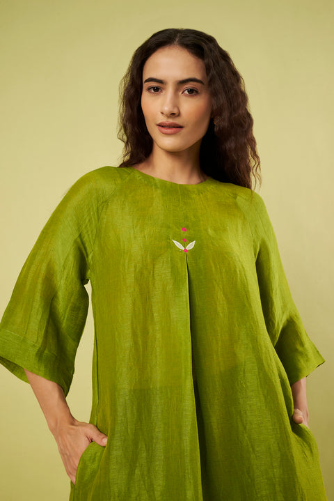 Olive Green Breathable Linen A-Line Kurta with Front Back Pleats & Green Salwar (Set of 2)