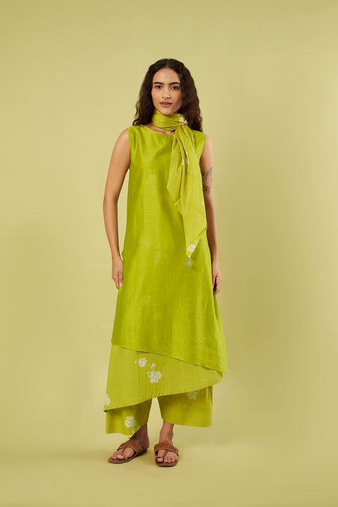 Printed Cotton & Chanderi Asymmetric A-Line Kurta with Farshi Salwar (Set of 2)