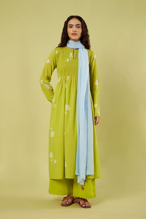 Lime Printed Kurta Set with Smocked Bodice & Airy Chiffon Dupatta (Set of 3)