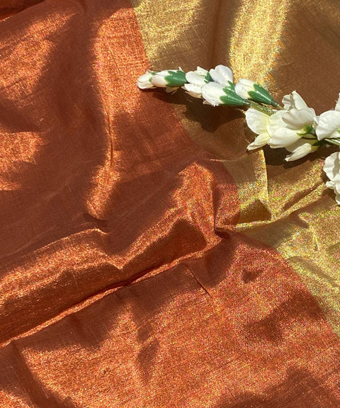 Handwoven Zari Fabric with Rust, Gold & Copper panels (Handloom)