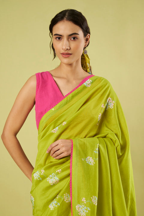 Lime Chanderi Printed Saree with Crochet Floral Tassels and Pink Stylize Blouse in Cotton Khadi (Set of 2)