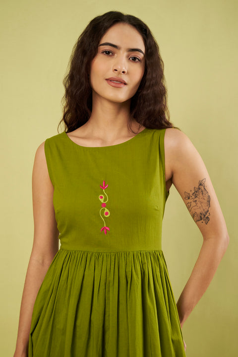 Contemporary Olive Green Co-Ord Set with High Slit Kurta & Cotton Pants (Set of 2)
