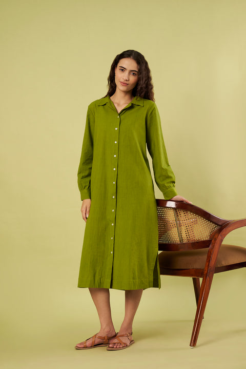 Khadi Cotton Button-Down Shirt Dress with Side Slits