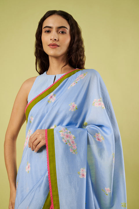 Light Blue Printed Chanderi Saree with Contrast Lace Details paired with Khadi Blouse (Set of 2)