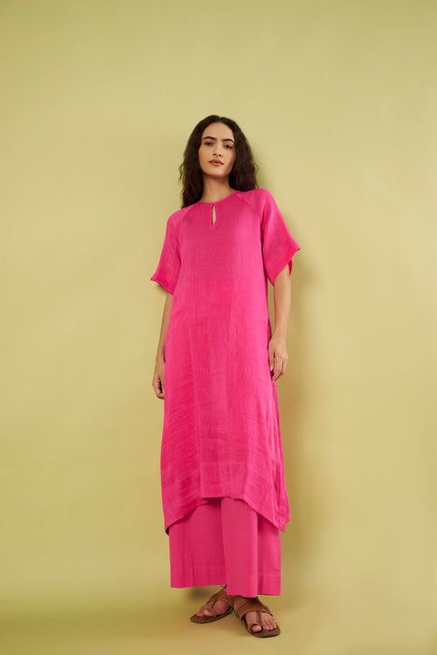 Elegant Pink Linen Silk Kurta with Handwoven Khadi Cotton Pants (Set of 2)