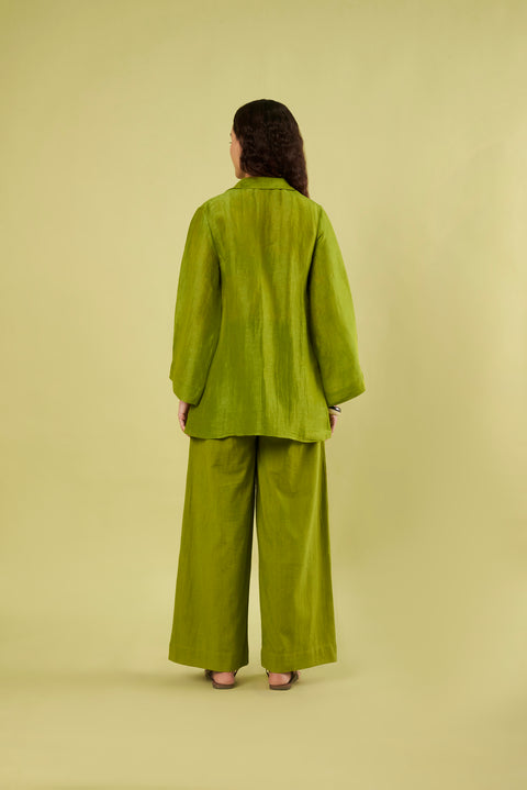Olive Green Linen Shirt with Bell Sleeves & Khadi Cotton Pants (Set of 2)