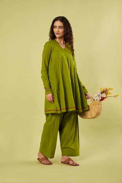 Olive Green A-Line Tunic  with Farshi Salwar (Set of 2)