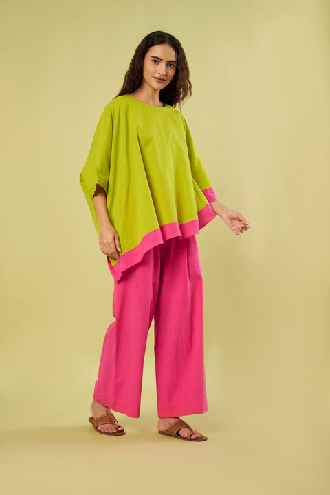 Lime Green Asymmetric Tunic Co-Ord Set with Lace Detail & Handwoven Khadi Pants (Set of 2)