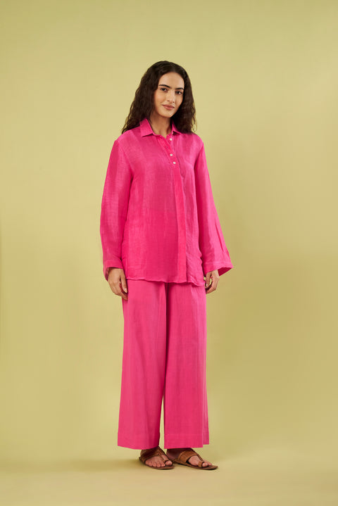 Pink Linen Silk Shirt and Khadi Cotton Pants Co-Ord Set (Set of 2)