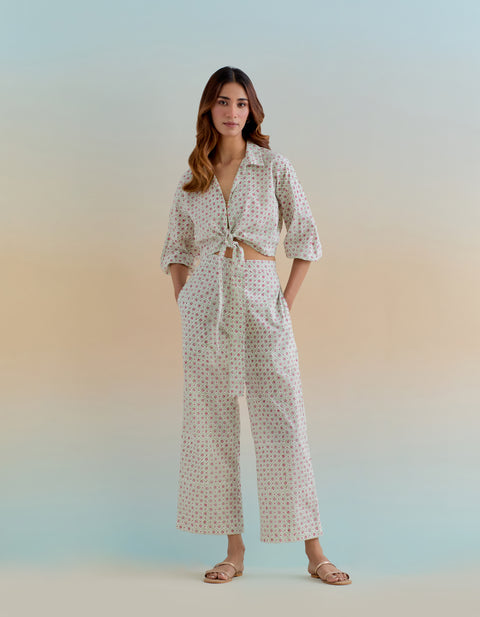 Shop Front Tie Top & Pants in Ditsy Block Print Cotton (Set of 2) | Vinusto