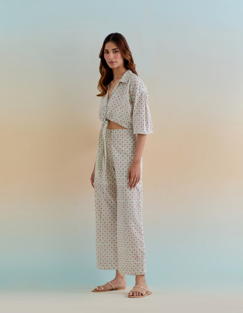 Luxury Front Tie Top & Pants in Ditsy Block Print Cotton (Set of 2) | Vinusto