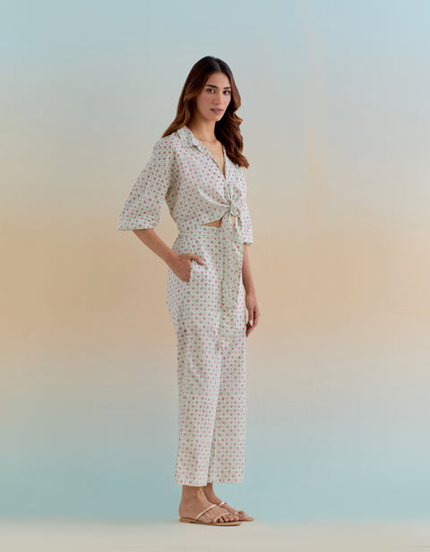 Buy Front Tie Top & Pants in Ditsy Block Print Cotton (Set of 2) | Vinusto