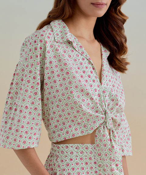 Order Front Tie Top & Pants in Ditsy Block Print Cotton (Set of 2) | Vinusto