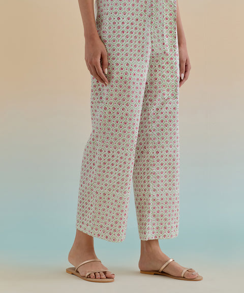 Premium Front Tie Top & Pants in Ditsy Block Print Cotton (Set of 2) | Vinusto
