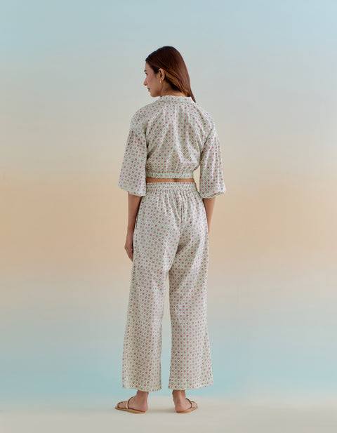 Handcraft Front Tie Top & Pants in Ditsy Block Print Cotton (Set of 2) | Vinusto