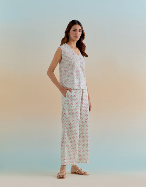 Luxury Ditsy Block Print Cotton Co-Ord Set - Top & Pants (Set of 2) | Vinusto