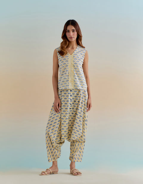 Floral Block Printed Coord Set- Top & Haram Pants in Cotton (Set of 2)