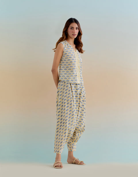 Floral Block Printed Coord Set- Top & Haram Pants in Cotton (Set of 2)