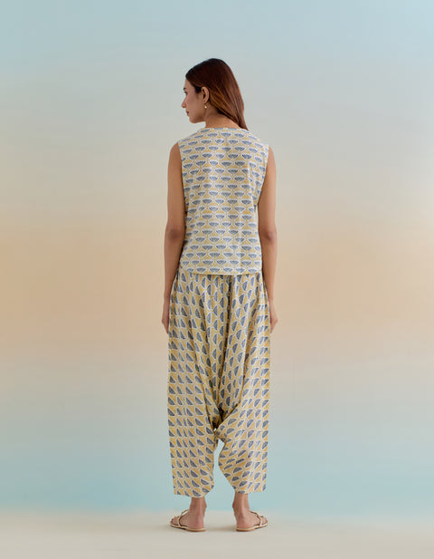 Floral Block Printed Coord Set- Top & Haram Pants in Cotton (Set of 2)